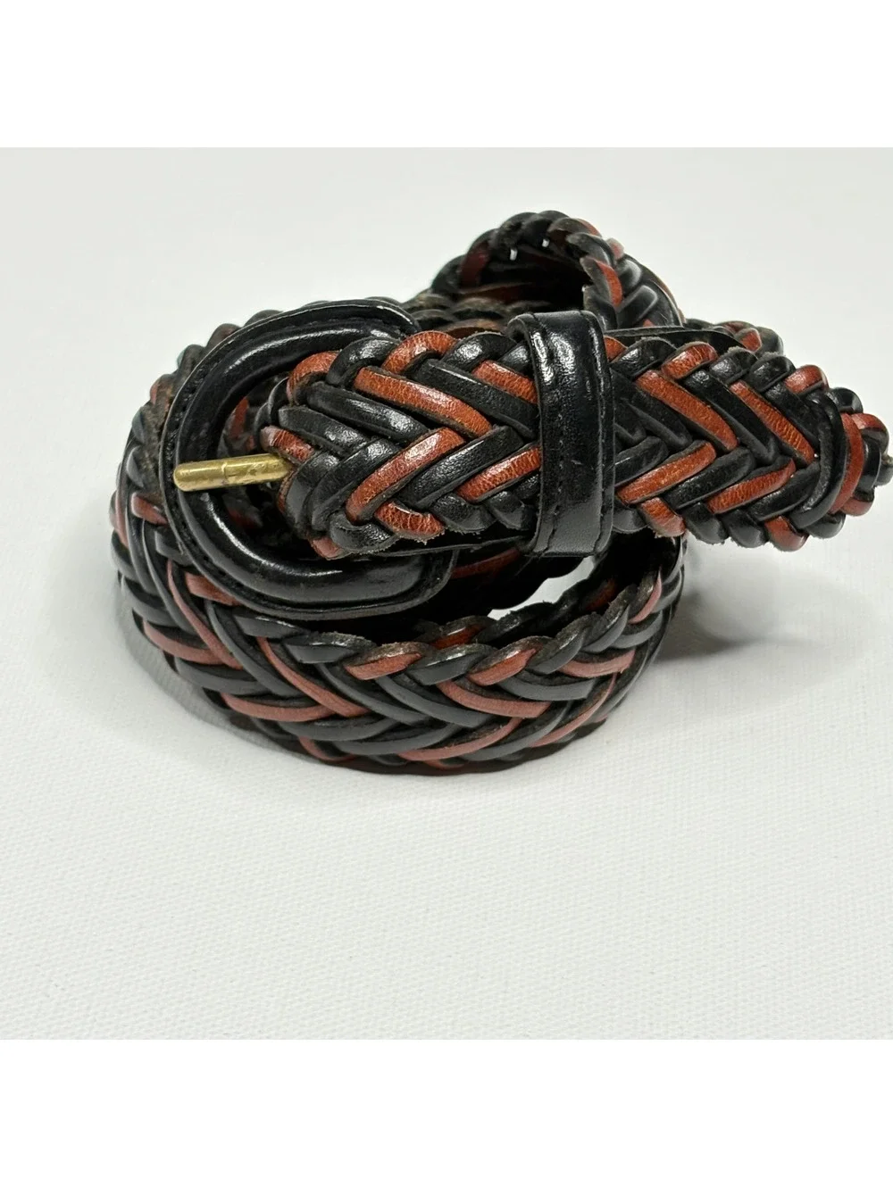 Vintage Braided Woven Leather Belt Black Brown Mens 36